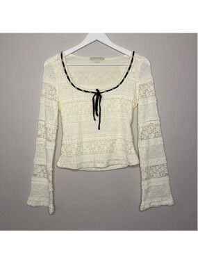 Women's Thirty/Thirty Lace Blouse Size M White Black Long Sleeve - [KC245]